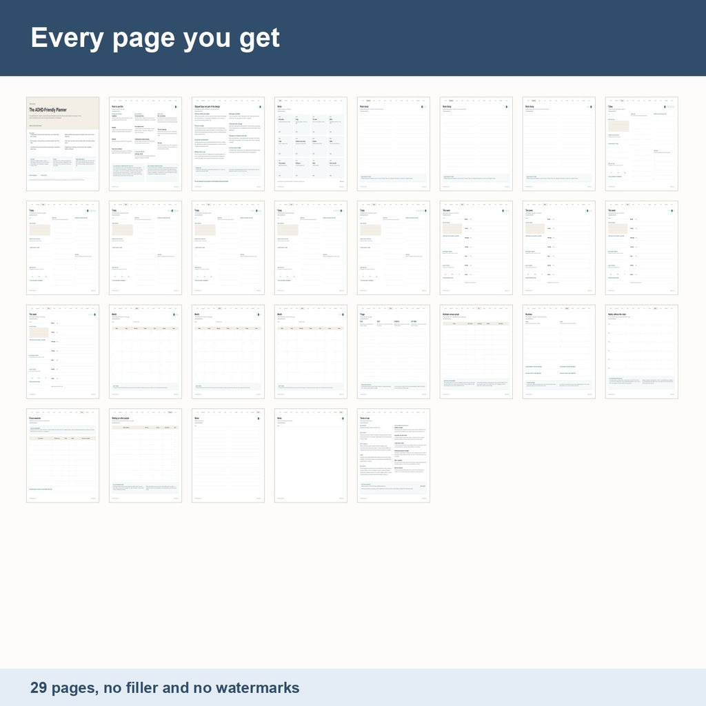 Contact sheet showing all 29 pages of The ADHD-Friendly Planner