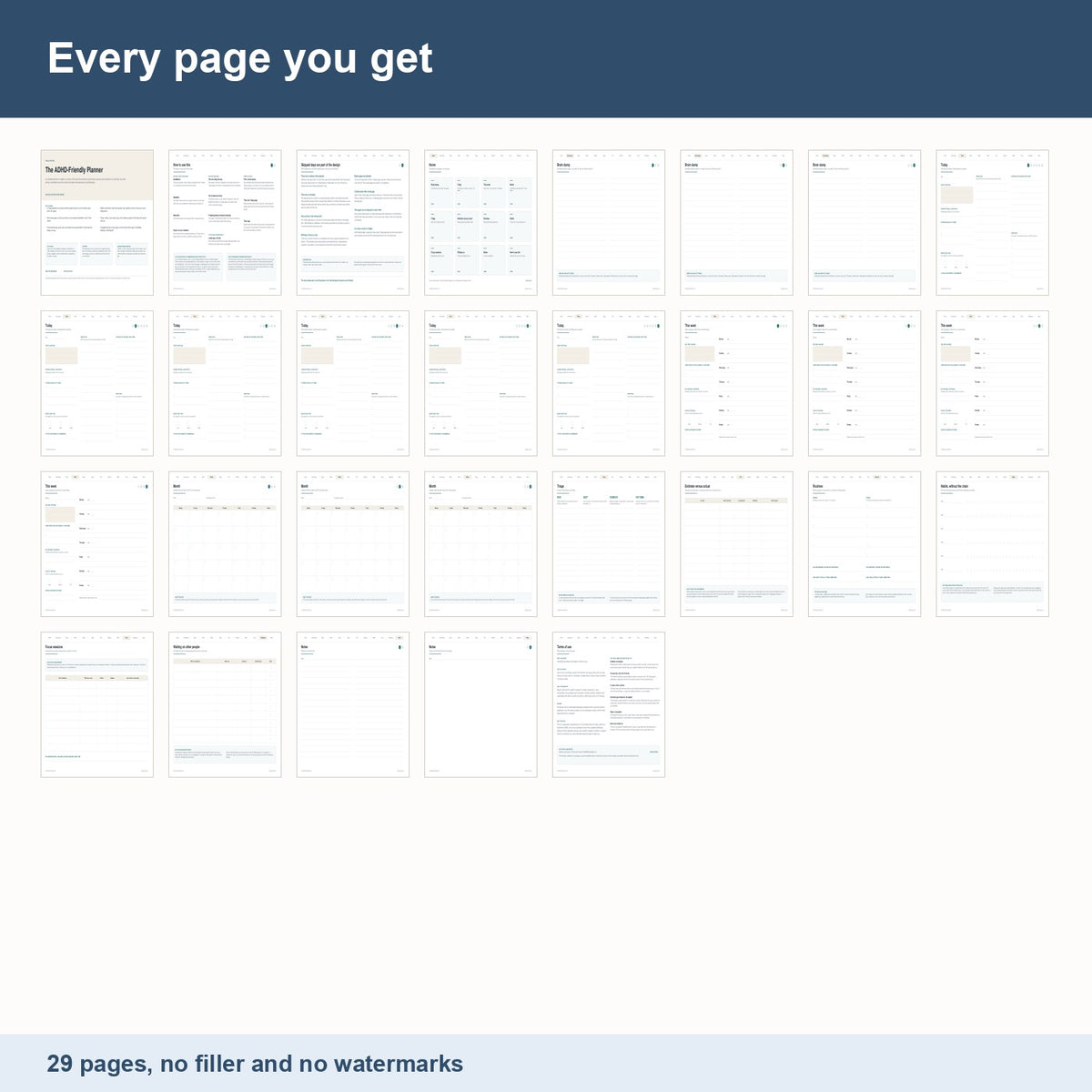 Contact sheet showing all 29 pages of The ADHD-Friendly Planner