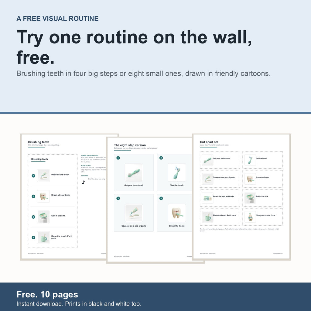 Brushing Teeth, Step by Step: a free printable visual routine with friendly 3D cartoon art, ten pages