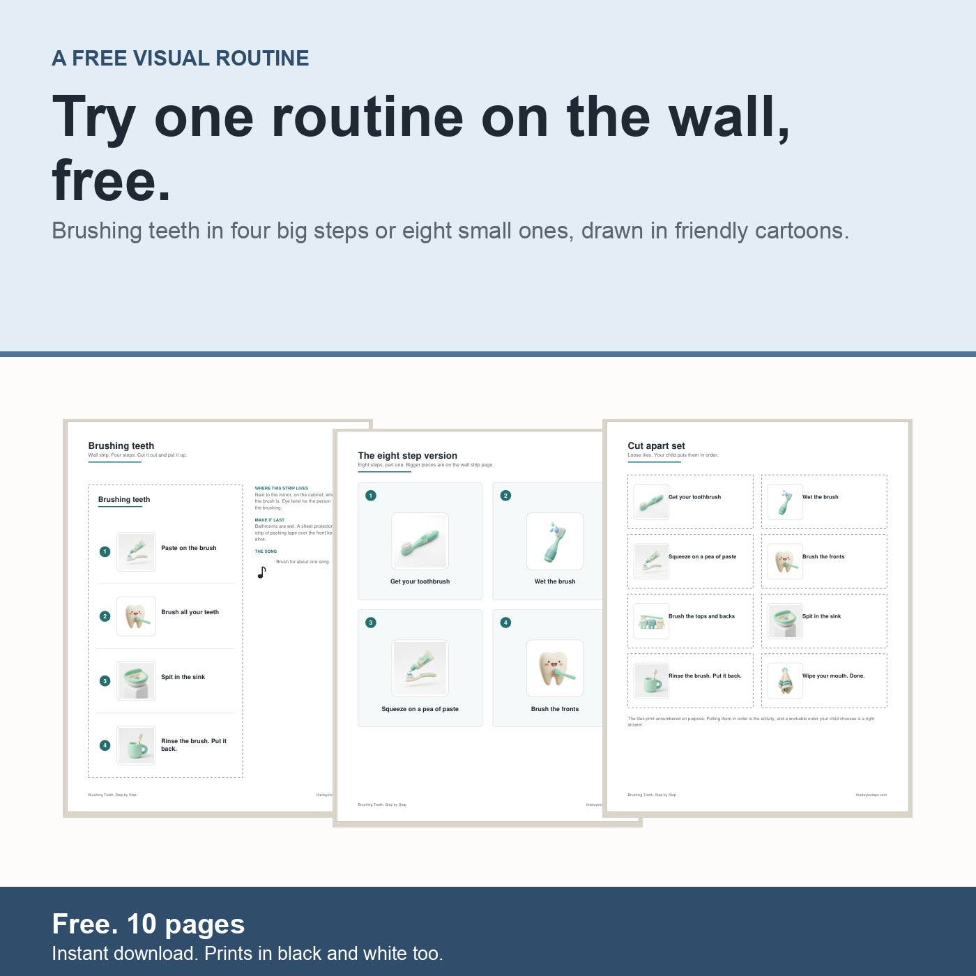 Brushing Teeth, Step by Step: a free printable visual routine with friendly 3D cartoon art, ten pages