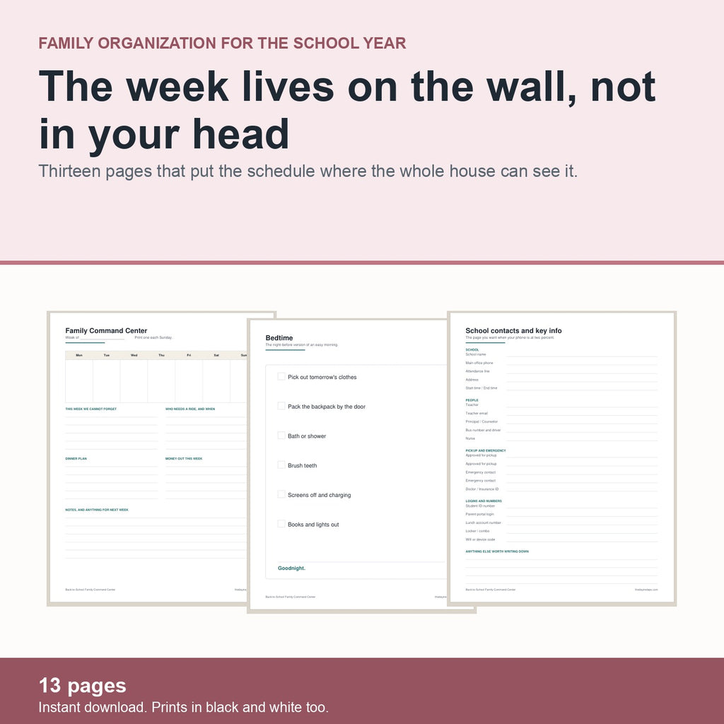 Back-to-School Family Command Center: thirteen printable pages that put the school week on the wall