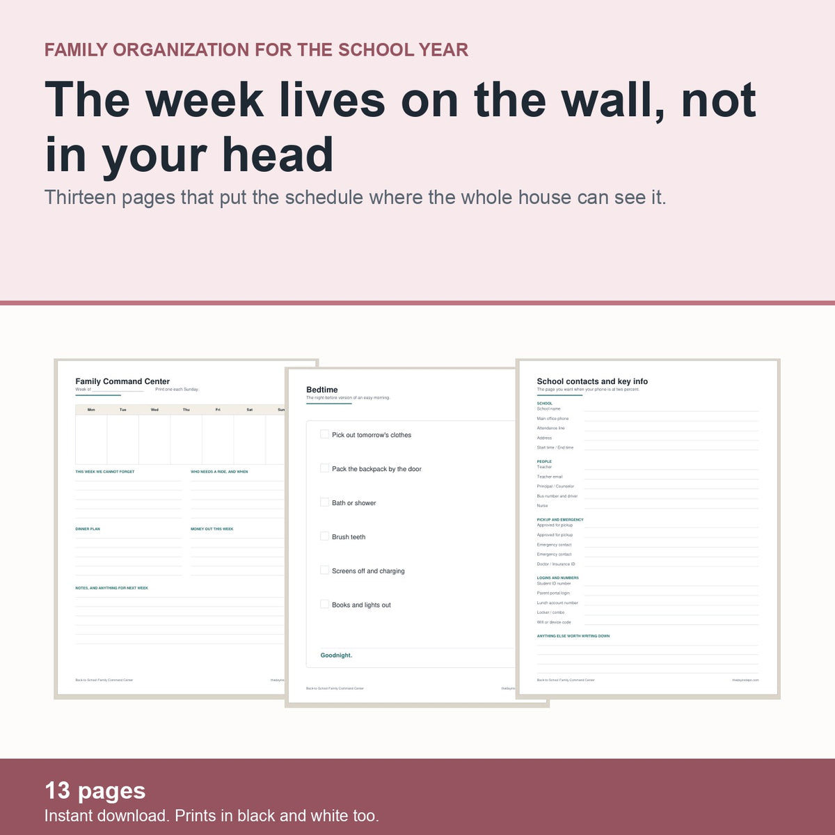 Back-to-School Family Command Center: thirteen printable pages that put the school week on the wall