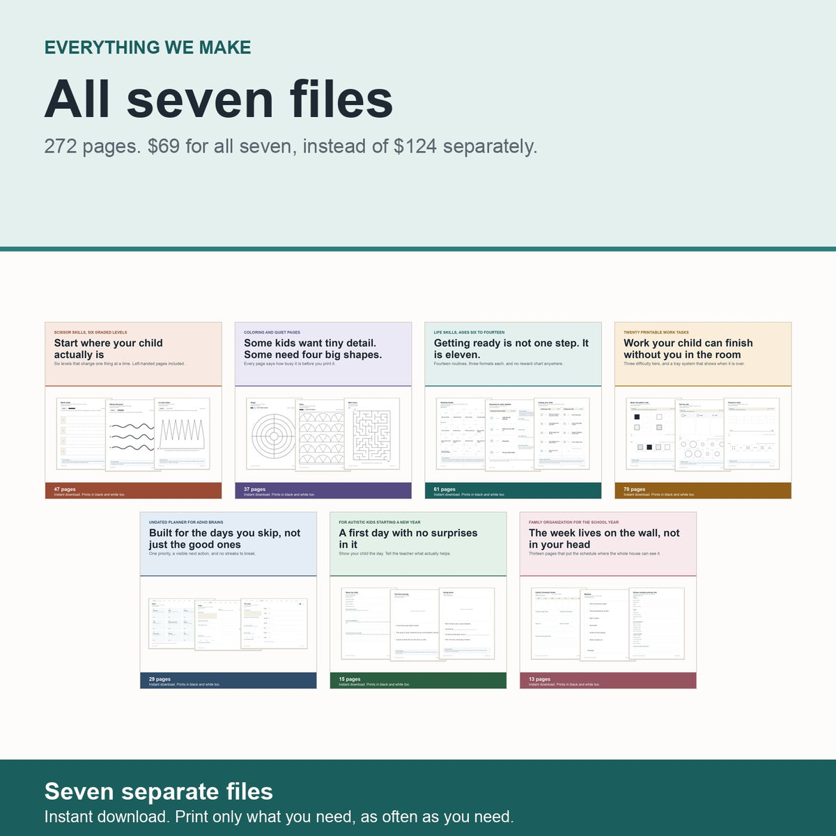 Everything bundle: all seven printable files, 272 pages, 69 dollars instead of 124