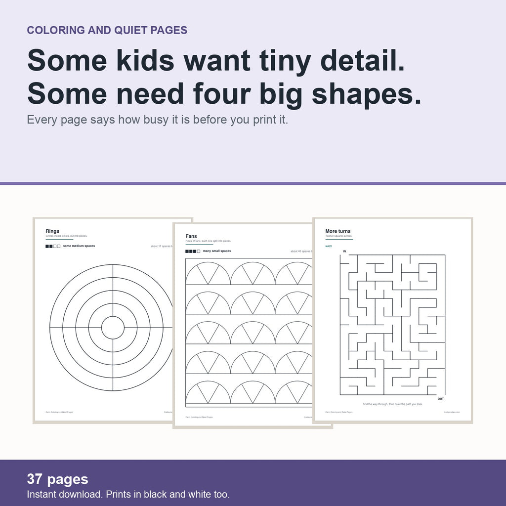 Calm Coloring and Quiet Pages: 37 pages, each marked for how busy it is before you print