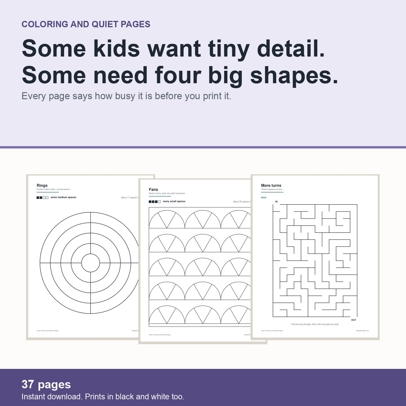 Calm Coloring and Quiet Pages: 37 pages, each marked for how busy it is before you print