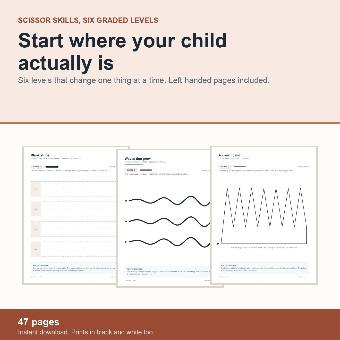 The Cutting Ladder, scissor skills in six graded levels, 47 pages