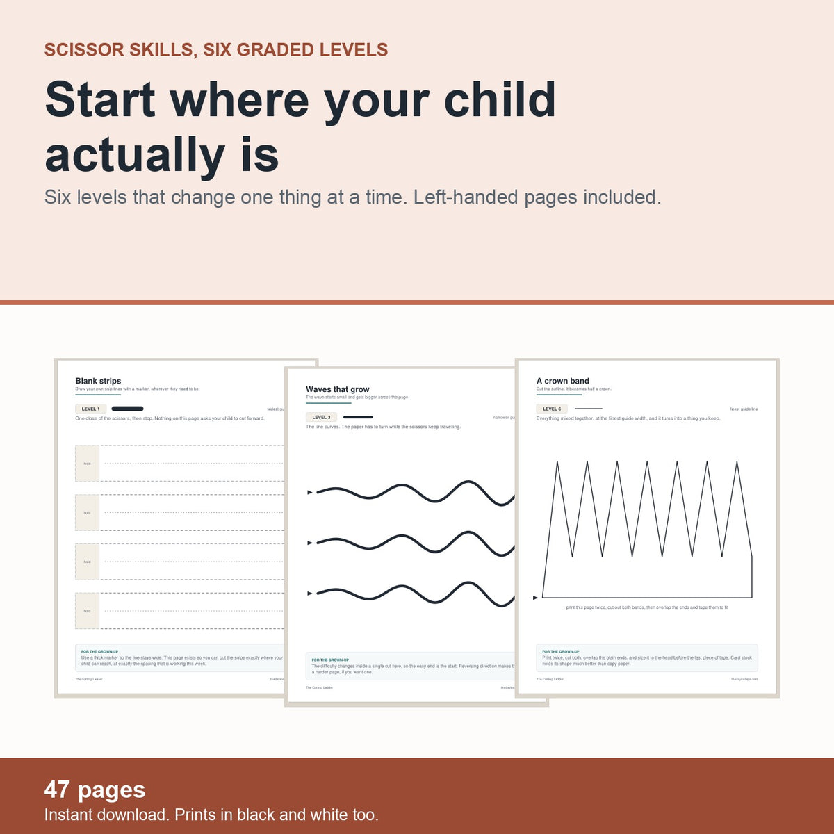 The Cutting Ladder: scissor skills in six graded levels, 47 pages, left-handed pages included