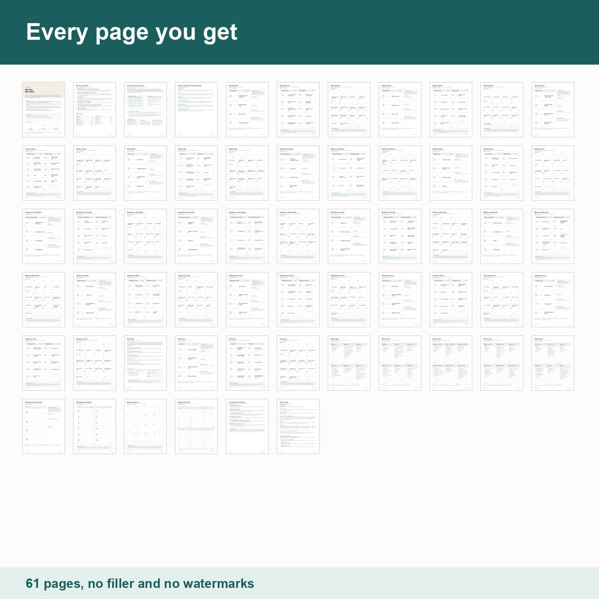 Contact sheet showing all 61 pages of My Day, My Steps
