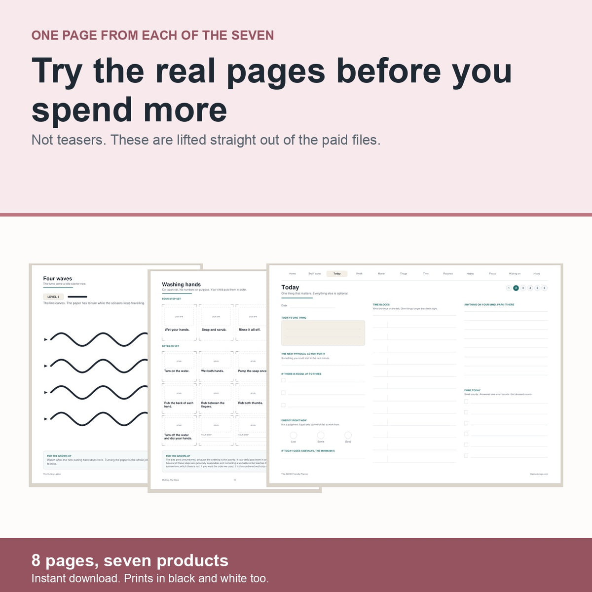 The Sampler: one real page from each of the seven products, eight pages total