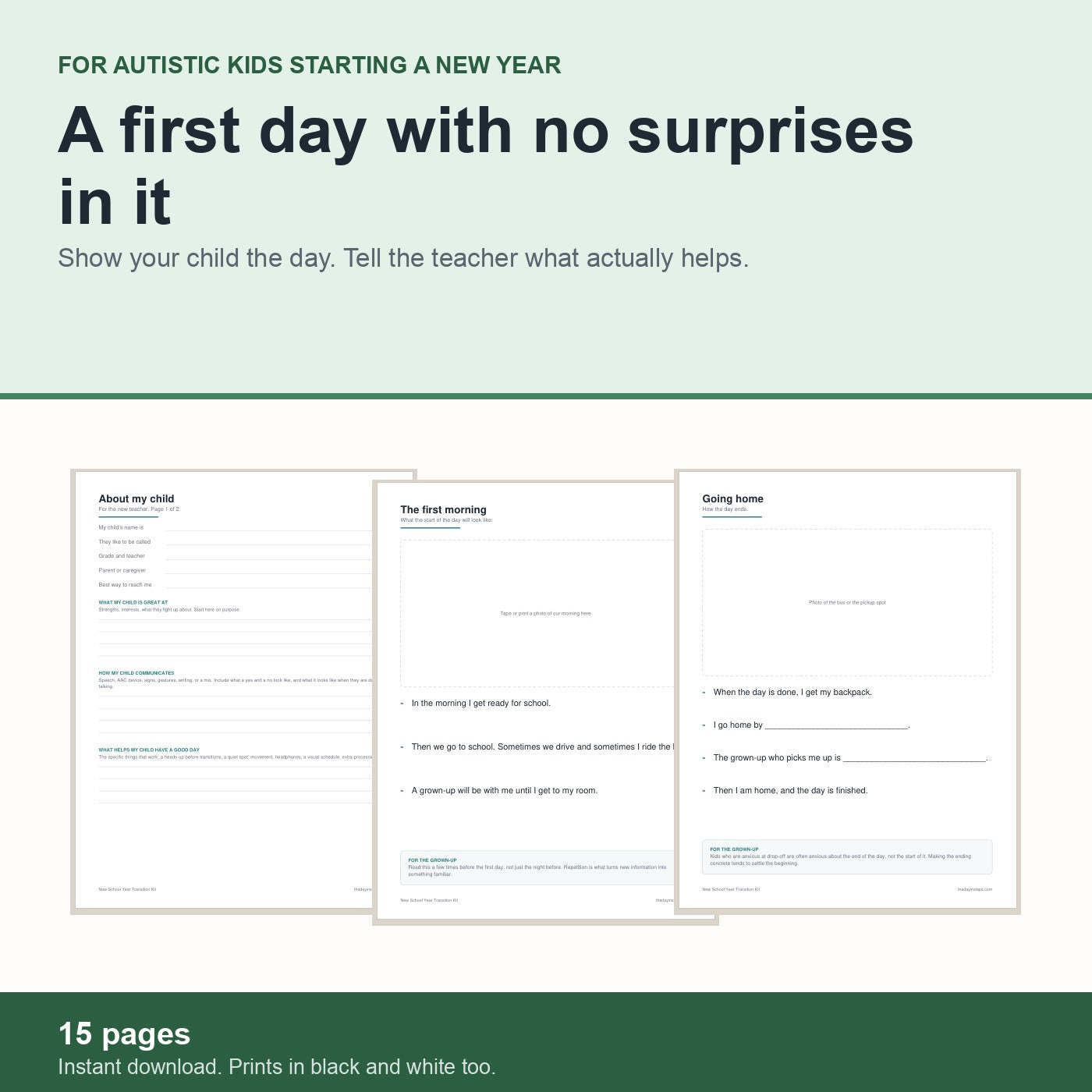 New School Year Transition Kit for autistic kids, 15 pages