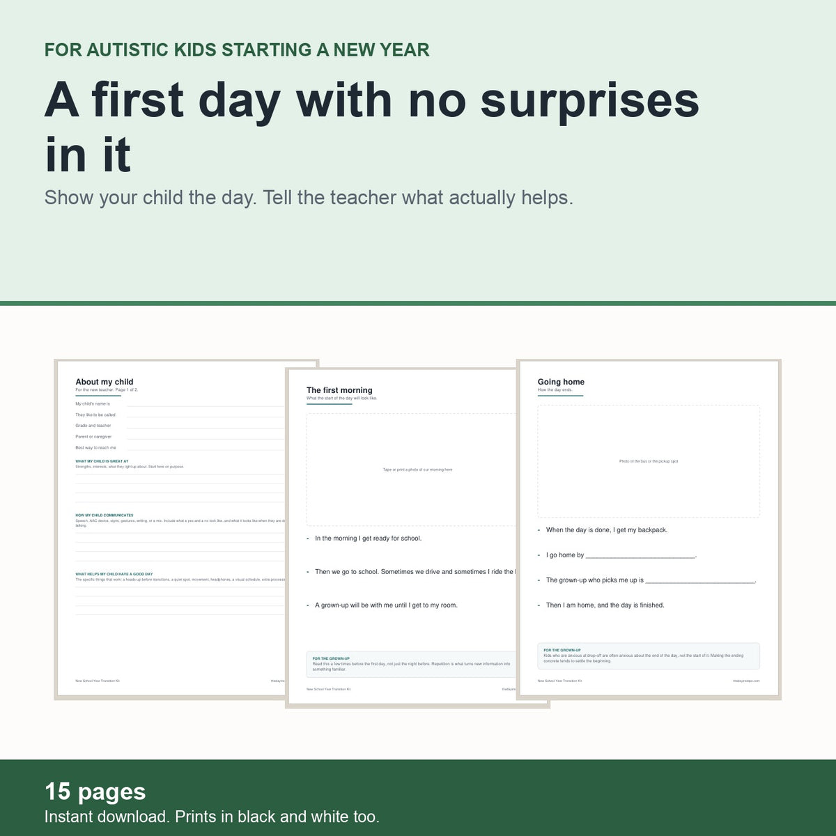 New School Year Transition Kit for autistic kids: 15 pages, what to expect plus an About My Child page for the teacher
