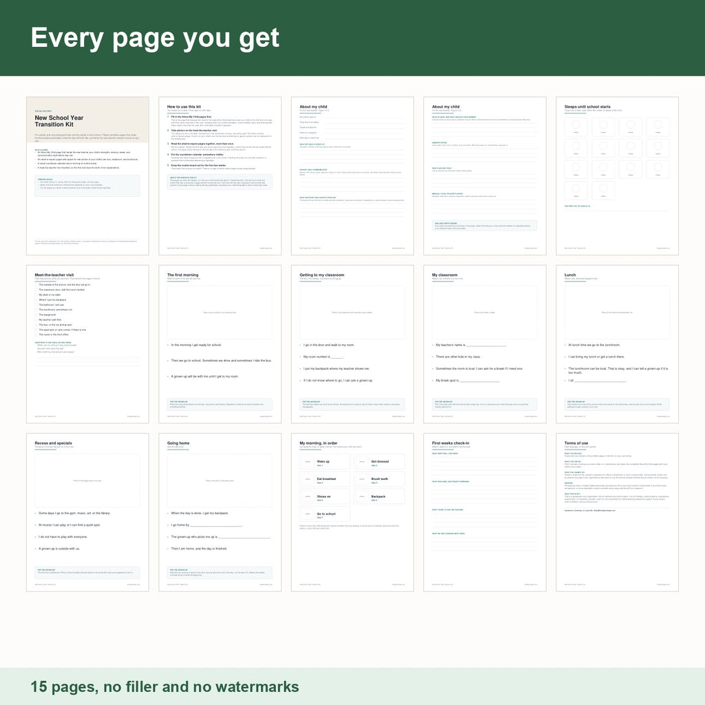 All 15 pages in the New School Year Transition Kit