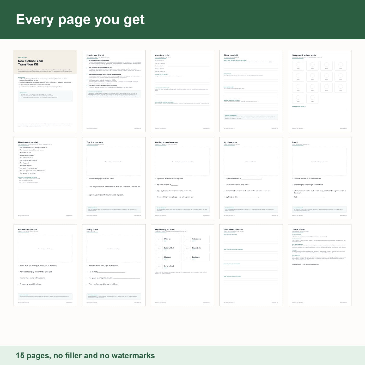All 15 pages in the New School Year Transition Kit