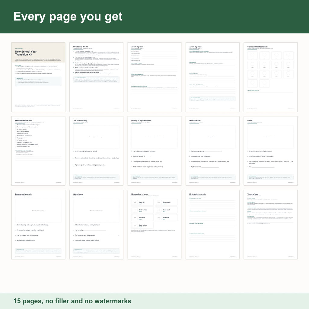 Contact sheet showing all 15 pages of the New School Year Transition Kit