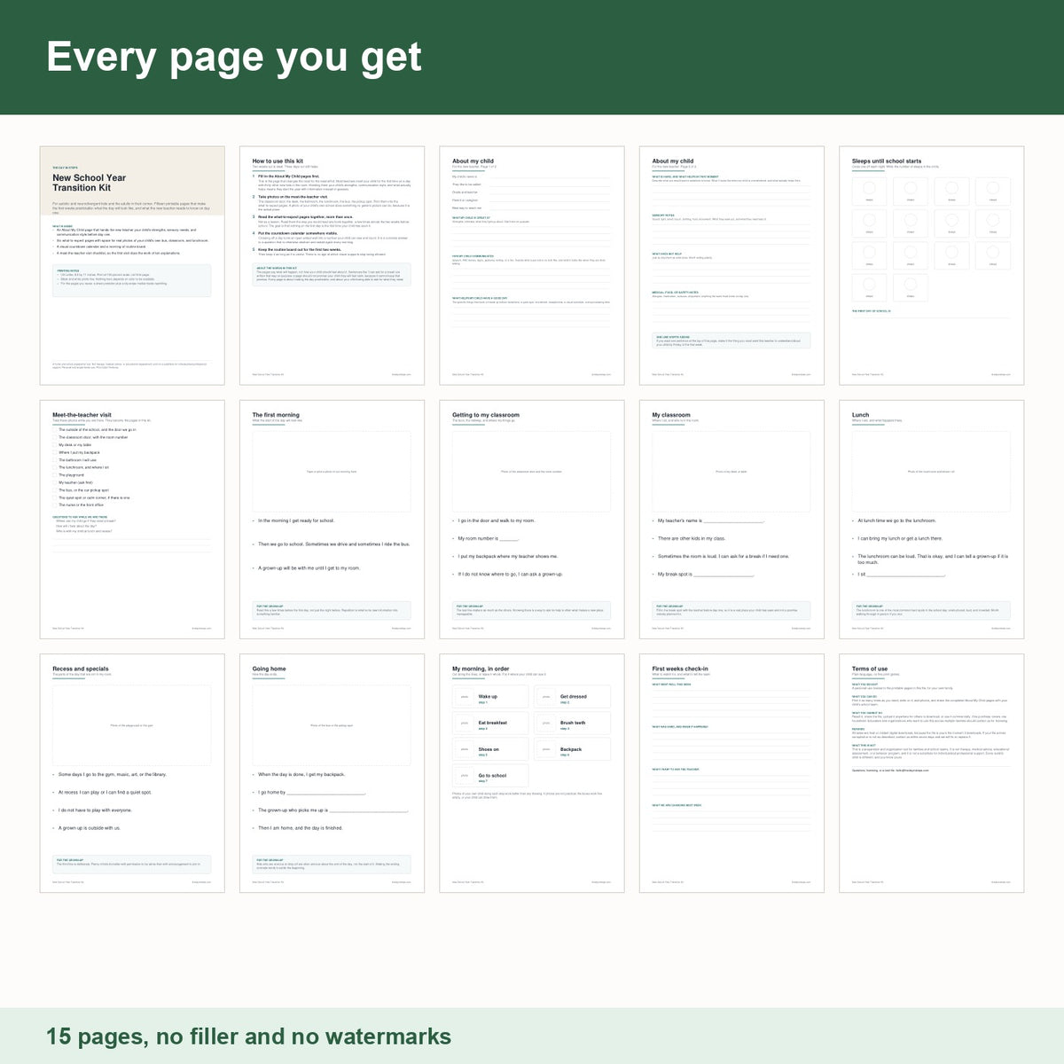 Contact sheet showing all 15 pages of the New School Year Transition Kit