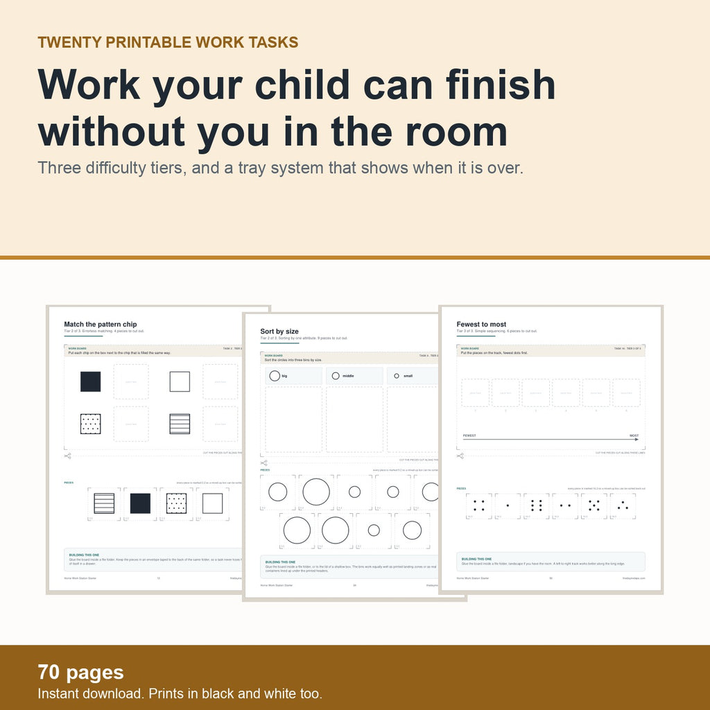 Home Work Station Starter: twenty printable work tasks at three difficulty tiers, seventy pages