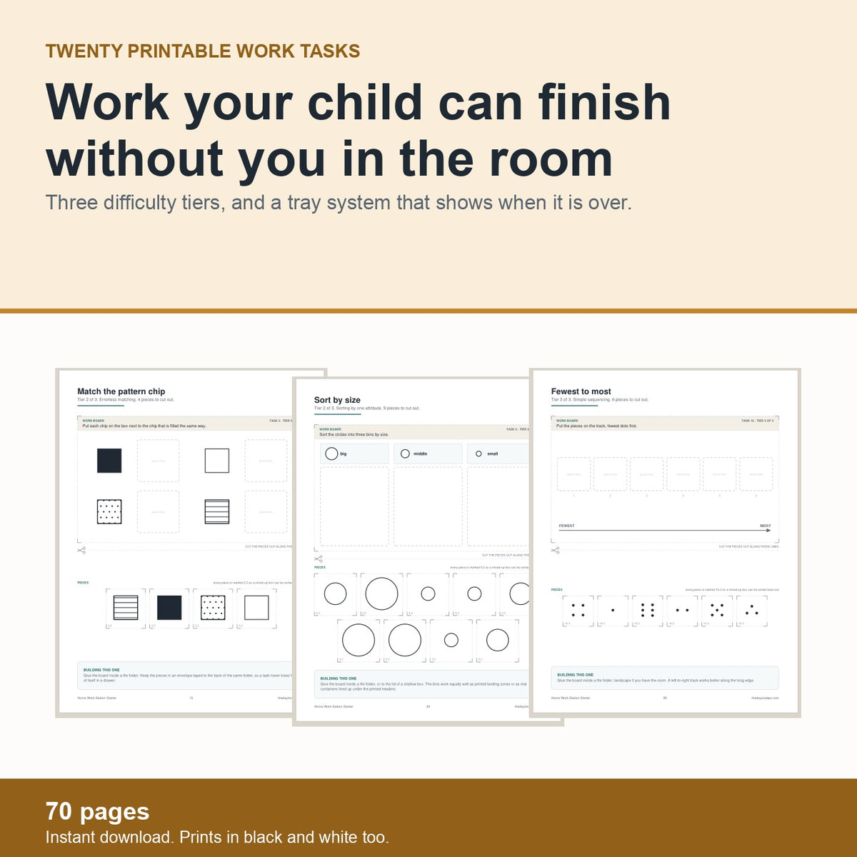 Home Work Station Starter: twenty printable work tasks at three difficulty tiers, seventy pages